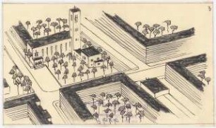 Kirche, Berlin-Zehlendorf Projekt I: Perspektivische Ansicht (Vogelschau) mit umliegender Bebauung (Alternative zu Inv.Nr. 9195)