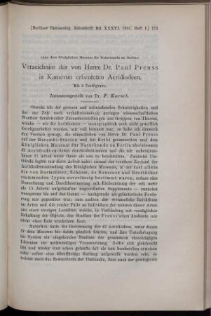 Verzeichniss der von Herrn Dr. Paul Preuss in Kamerun erbeuteten Acridiodeen.