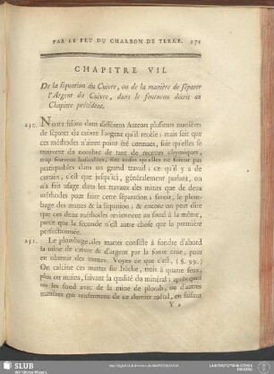 Chapitre VII. De la liquation du Cuivre, ou de la manière de séparer l'Argent du Cuivre, dans le fourneau décrit au Chapitre précédent