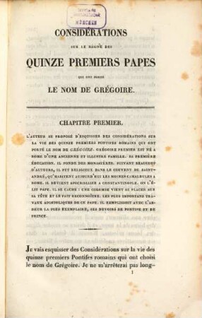 Considérations sur le règne des quinze premiers papes qui ont porté le nom de Grégoire