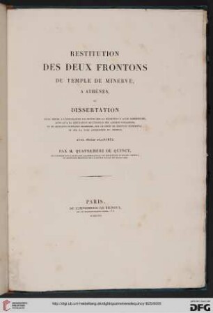 Restitution des deux frontons du temple de Minerve à Athenes : avec 3 planches