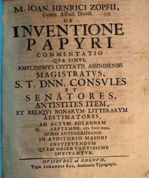 De inventione papyri commentatio