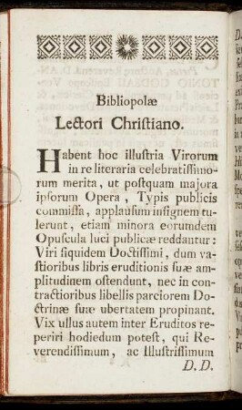 Bibliopolæ Lectori Christiano.
