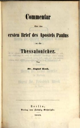 Commentar über die Briefe des Apostels Paulus an die Thessalonicher, 1. Commentar über den ersten Brief des Apostels Paulus an die Thessalonicher