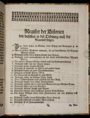Register der Historien wie dieselben in der Ordnung nach der Nummer folgen