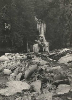 Eiskaskaden an einem Felshang mit Bachlauf im Elbsandsteingebirge