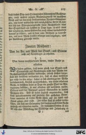 Zweiter Abschnitt: Von der Art und Weise das Stand- und Stimmrecht auf Reichstagen zu erhalten.