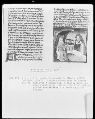 Chroniques de France in zwei Bänden — Chroniques de France, Band 2 — König Philipp 3. plant mit seinem Kardinal Collet die Eroberung von Aragon, Folio 87recto