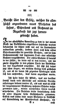 Bericht über den Erfolg, welchen die allerhöchst angeordneten neuen Methoden des Lesens, Schreibens und Rechnens im Rezatkreise bis jetzt hervorgebracht haben