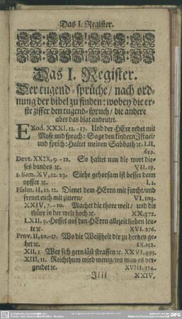 Das I. Register. Der tugend-sprüche, nach ordnung der bibel zu finden: ...