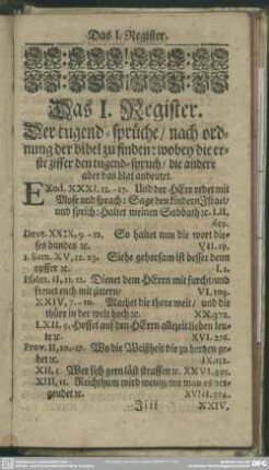 Das I. Register. Der tugend-sprüche, nach ordnung der bibel zu finden: ...