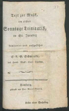 Text zur Musik, am ersten Sonntage Trinitatis in St. Jacobi