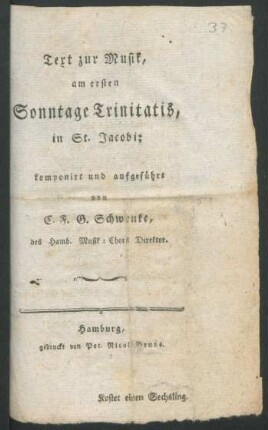 Text zur Musik, am ersten Sonntage Trinitatis in St. Jacobi