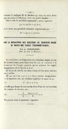 Sur la résolution des équations du troisième degré au moyen des tables trigonométriques.