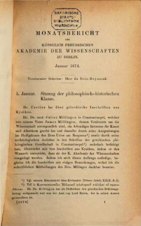 Monatsbericht der Königlich Preussischen Akademie der Wissenschaften zu Berlin. 1874