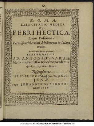 Exercitatio Medica De Febri Hectica