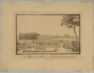 Der Garten des Japanischen Palais, Blick auf das Japanische Palais und die Altstadt von Dresden nach Südosten