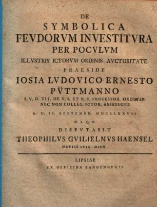 De Symbolica Fevdorum Investitvra Per Pocvlvm