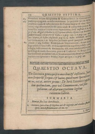Quaestio Octava. De Saxonicae gentis priscis moribus & institutis, Iure non scripto & scripto; & huius ...