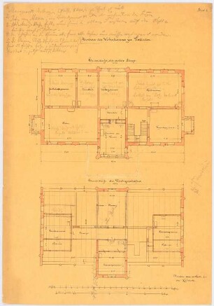 Herrenhaus, Kottulin Umbau: Grundrisse 1. Obergeschoss, Dachgeschoss, Maßstabsleiste (Meter und Fuß)