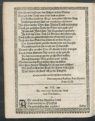 VII. De vanitate humanae vitae Ode Trochaica.