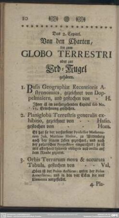Das 2. Capitel. Von den Charten, die zum Globo Terrestri oder zur Erd-Kugel gehören