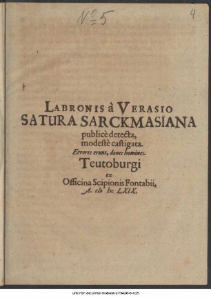 Labronis à Verasio Satura Sarckmasiana publicè detecta, modestè castigata