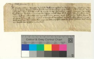 Der Lübecker Bürger Clawes Sworn bekennt, dass der Lüneburger Rat ihm die Weihnachten [1428] fälligen 10 Mark Lübisch bezahlt hat.