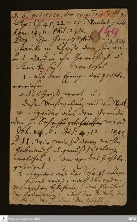 Disposition der Predigt von August Hermann Francke über Mt 9,1f. am 06.10.1720.