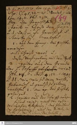 Disposition der Predigt von August Hermann Francke über Mt 9,1f. am 06.10.1720.