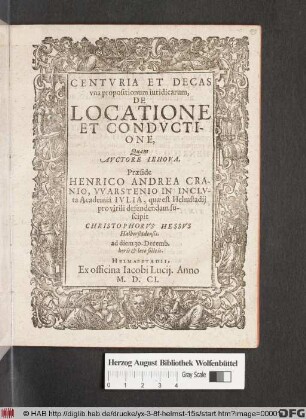 Centuria Et Decas una propositionum iuridicarum, De Locatione Et Conductione