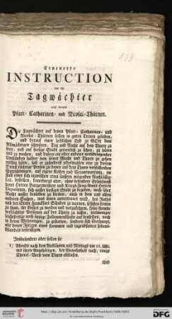 Erneuerte Instruction vor die Tagwächter auf denen Pfarr- Catharinen- und Nicolai-Thürnen