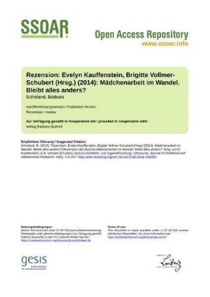 Rezension: Evelyn Kauffenstein, Brigitte Vollmer-Schubert (Hrsg.) (2014): Mädchenarbeit im Wandel. Bleibt alles anders?
