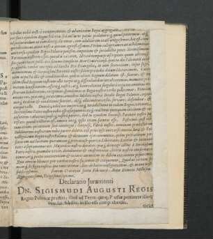Declaratio Iuramenti Dn. Sigismundi Augusti Regis Regno Poloniae praestiti, illud ad Terras quo[ue] Prussiae pertinere ...