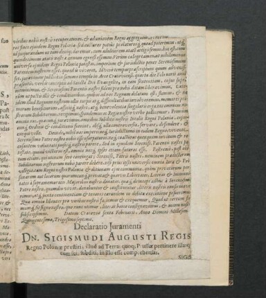 Declaratio Iuramenti Dn. Sigismundi Augusti Regis Regno Poloniae praestiti, illud ad Terras quo[ue] Prussiae pertinere ...