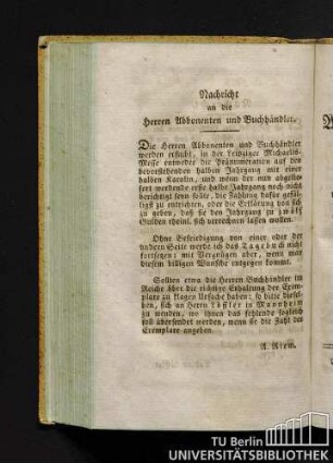 Nachricht an die Herren Abbonenten [!] und Buchhändler.