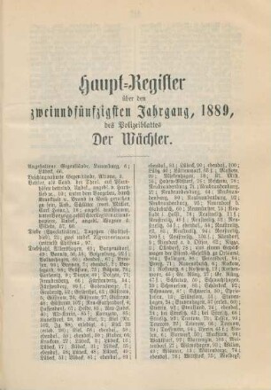 Haupt-Register über den zweiundfünfzigsten Jahrgang, 1889, des Polizeiblattes Der Wächter