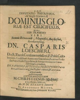 Disputatio Theologica, Ad vers. 8. I. Corinth. II. Dominus Gloriae Est Crucifixus