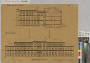 Soest (Soest) Archigymnasium Bestandspläne Blatt 7 Schnitt, Ansicht, Aulaflügel und Straßenansicht 1928 1 : 100 60 x 78 Zeichnung Humpert; Dobisch Staatshochbauamt Soest