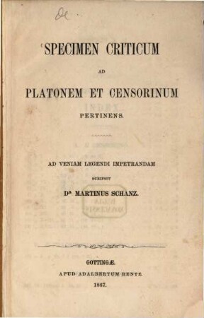 Specimen criticum ad Platonem et Censorinum pertinens
