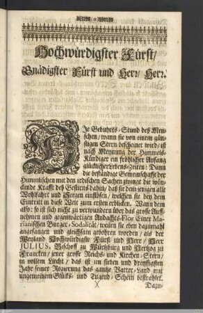 Hochwürdigster Fürst/ Gnädigster Fürst und Herr...