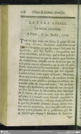 Lettre LXXXIII. La même à la même. A Paris, le 30. Juillet, 1700
