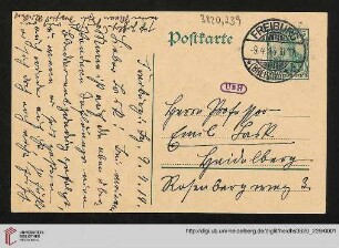 Heid. Hs. 3820,239: Karte von Sophie Rickert an Emil Lask