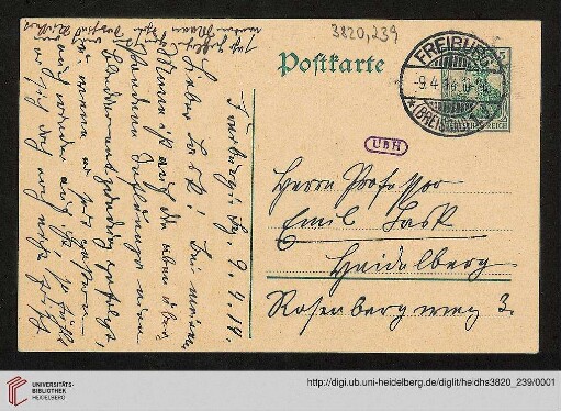 Heid. Hs. 3820,239: Karte von Sophie Rickert an Emil Lask