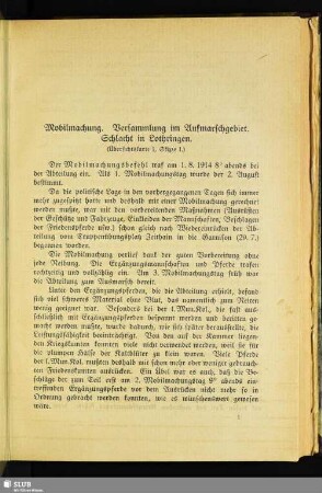 [1.] Mobilmachung. Versammlung im Aufmarschgebiet. Schlacht in Lothringen