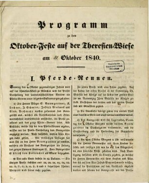 Programme zu dem October-Feste auf der Theresienwiese. 1842