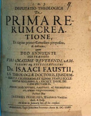 Disp. theol. de prima rerum creatione