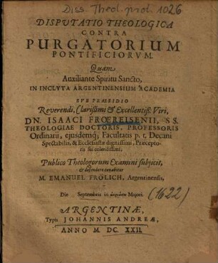 Dispvtatio Theologica Contra Purgatorium Pontificiorvm