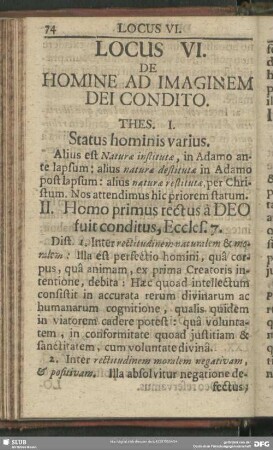 Locus VI. De Homine Ad Imaginem Dei Condito