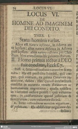 Locus VI. De Homine Ad Imaginem Dei Condito